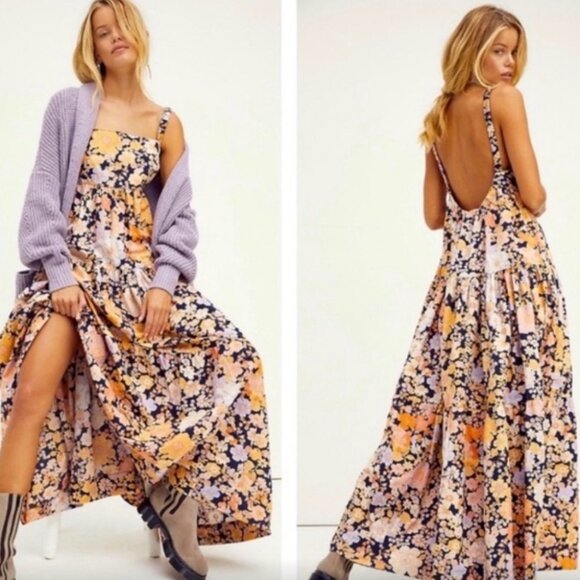 Free People Park Slope Floral Cotton Maxi Dress Navy Boho S - Picture 2 of 10